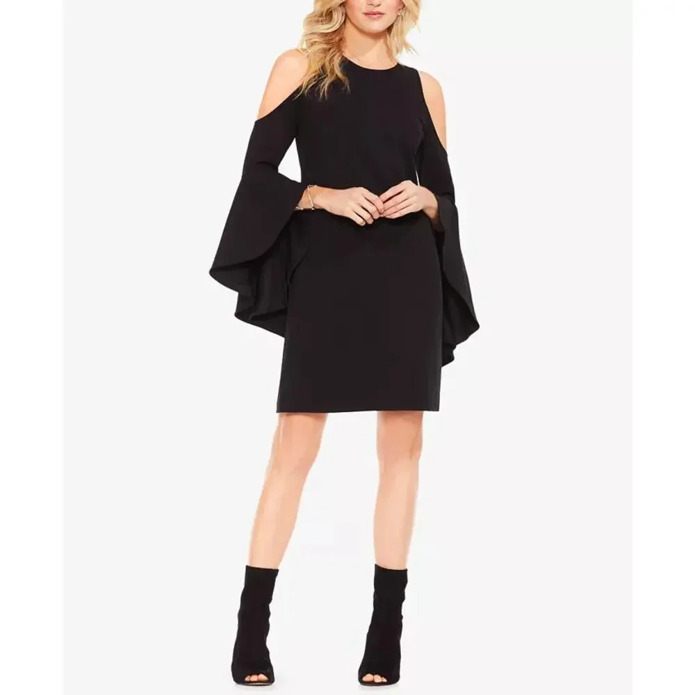 NWT Vince Camuto Artistic Muse Cold-Shoulder Bell Sleeve Black Dress | Small